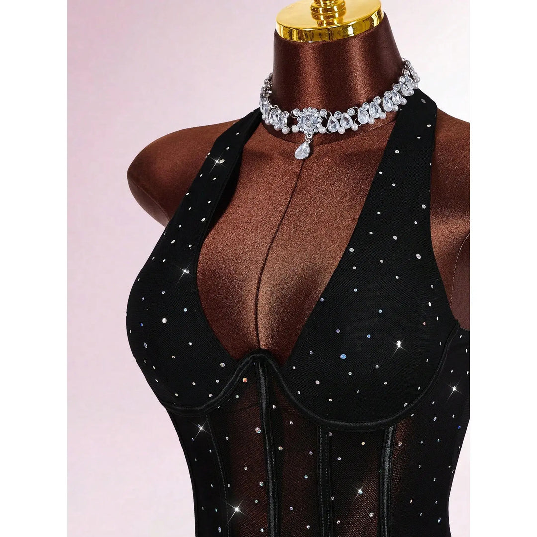 The Elara Rhinestone Halter Corset Mini Dress
