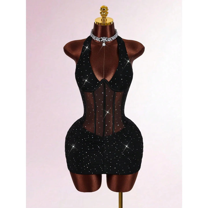 The Elara Rhinestone Halter Corset Mini Dress