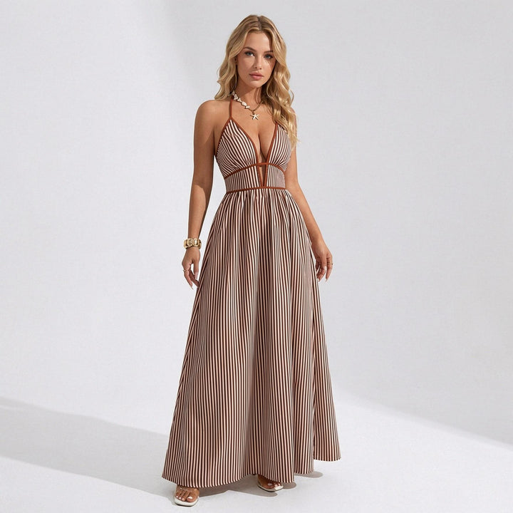 The Elara Pinstripe Deep V Halter Cutout Maxi Dress