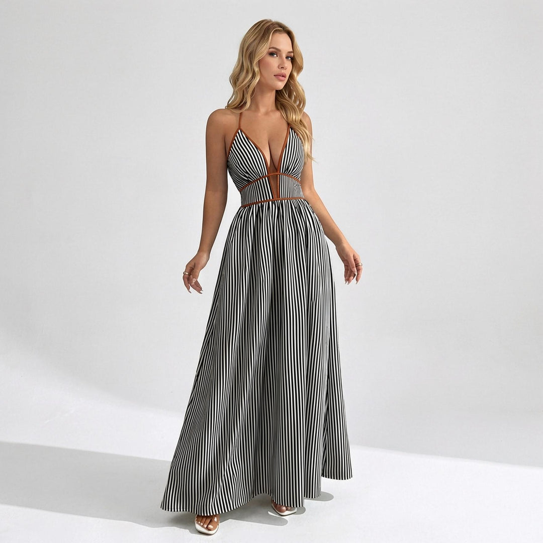 The Elara Pinstripe Deep V Halter Cutout Maxi Dress