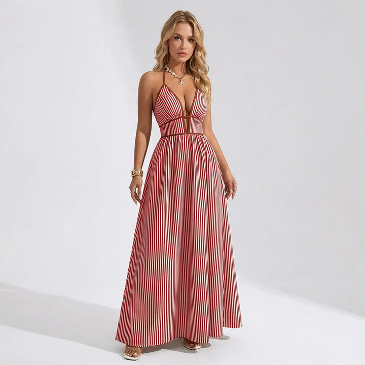 The Elara Pinstripe Deep V Halter Cutout Maxi Dress