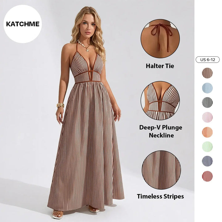 The Elara Pinstripe Deep V Halter Cutout Maxi Dress
