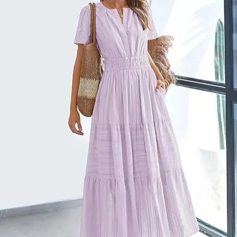 The Elara V-Neck Smocked Waist Tiered Maxi Dress