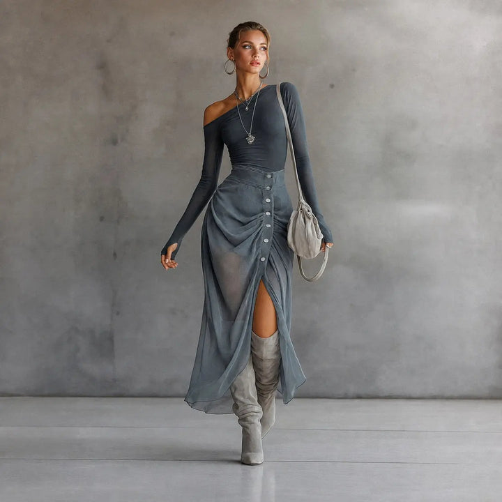 The Elara One-Shoulder Chiffon Two-Piece Set