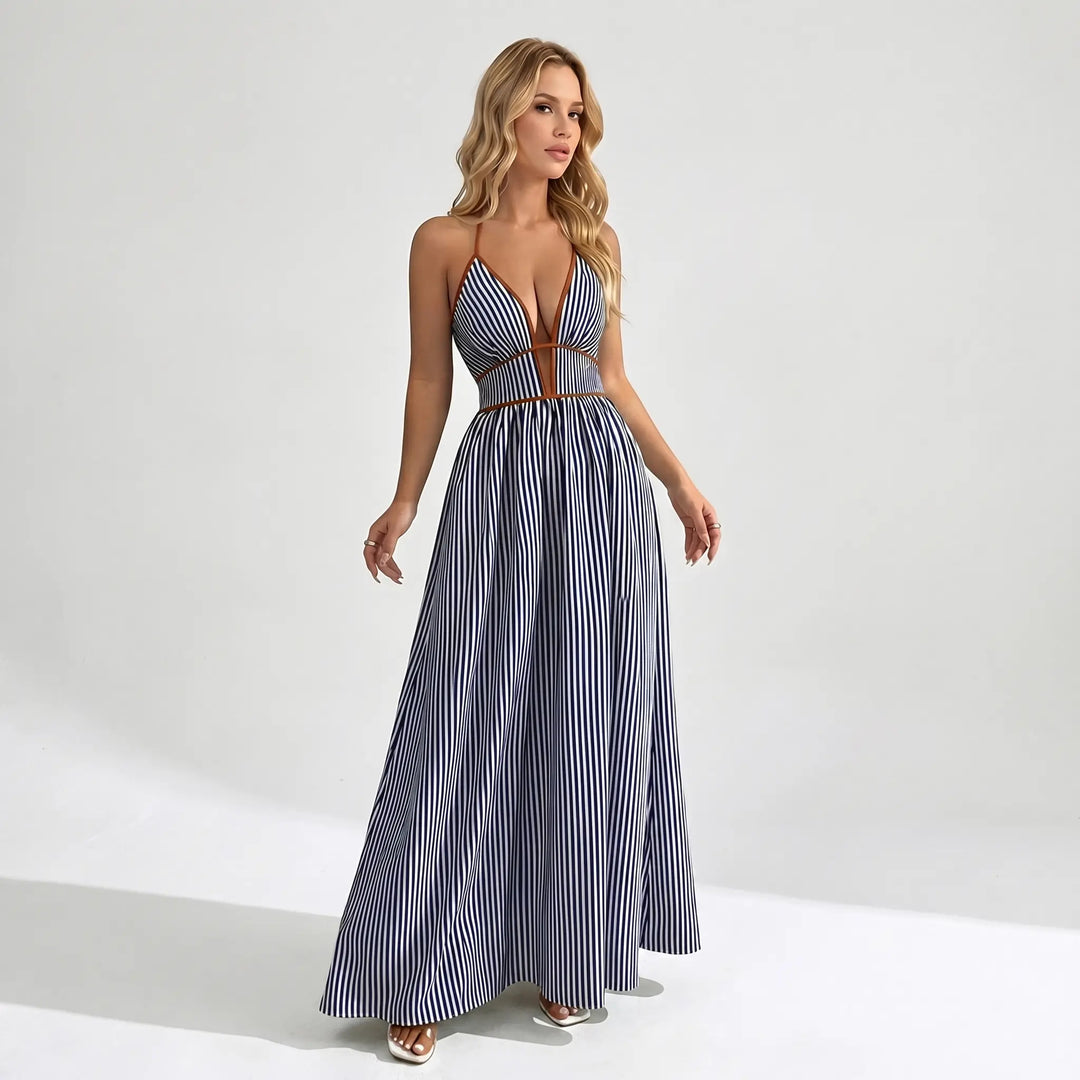 The Elara Pinstripe Deep V Halter Cutout Maxi Dress