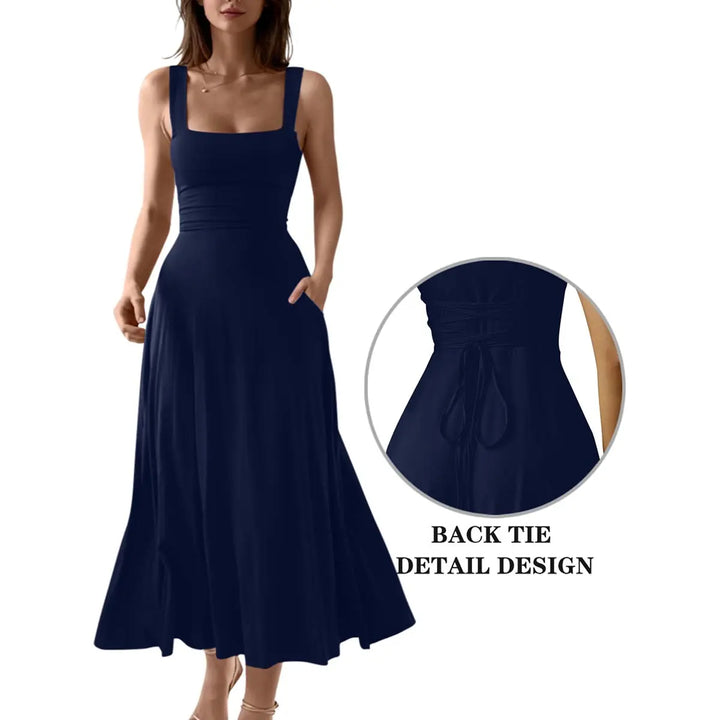 The Elara Square Neck Back Tie A-Line Midi Dress