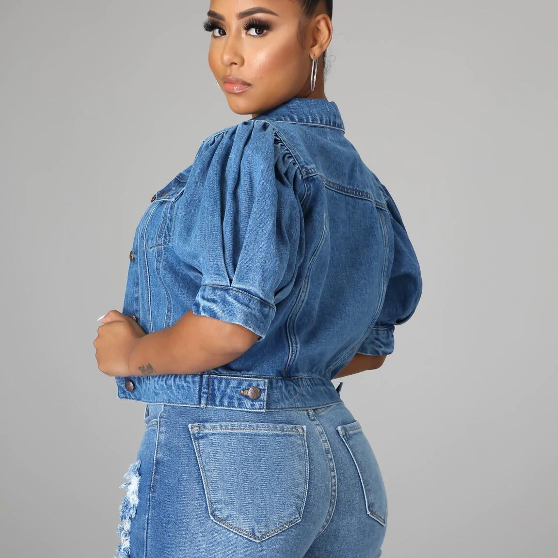The Elara Puff-Sleeve Cropped Denim