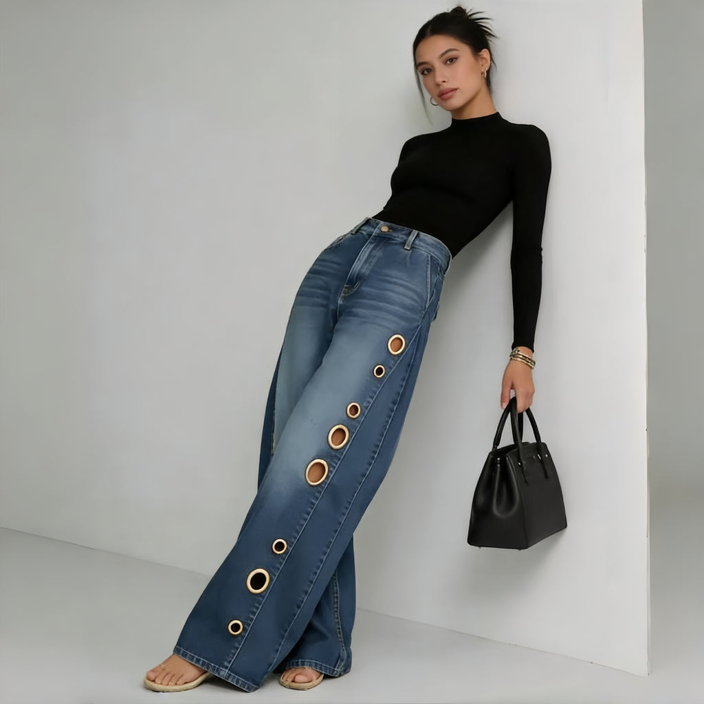 The Elara Metal Eyelet Wide-Leg Jeans