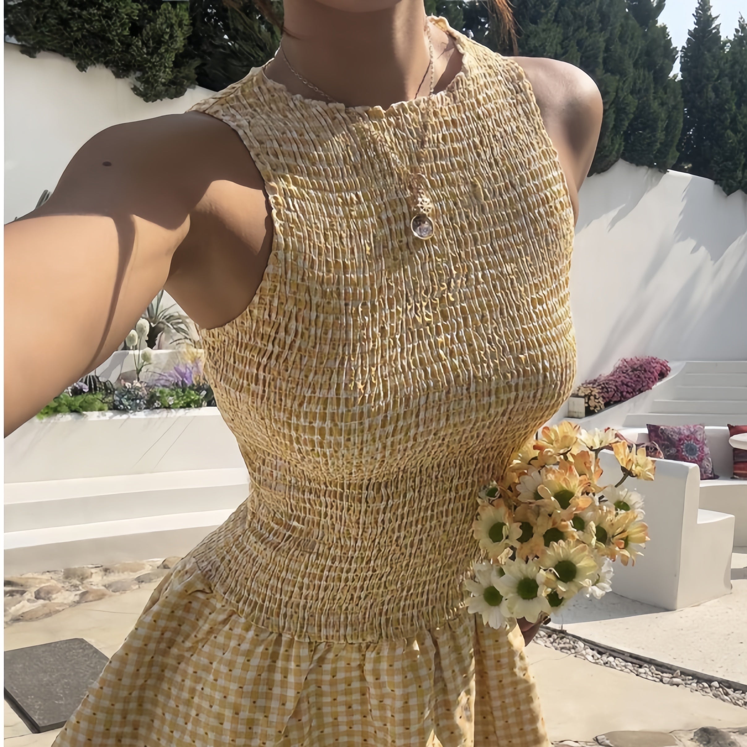The Elara Riviera Gingham Smocked Mini