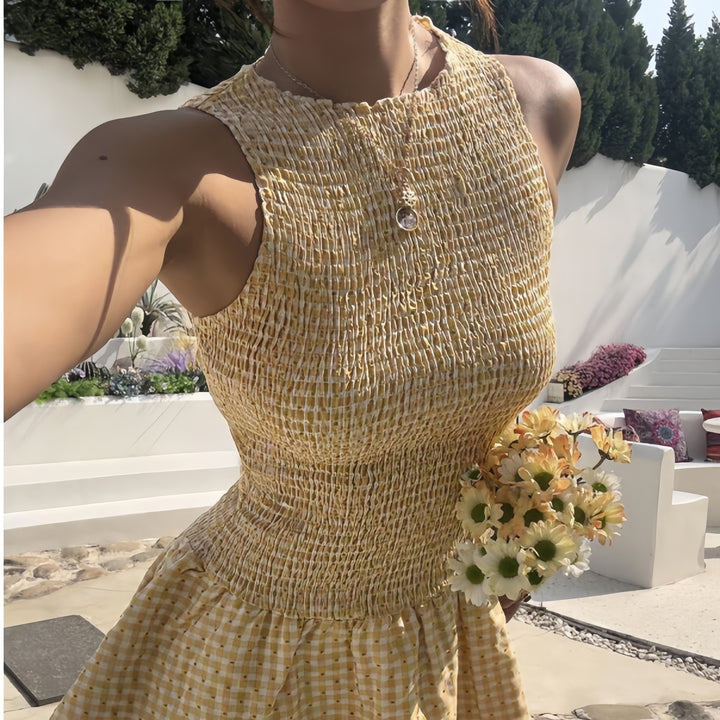 The Elara Riviera Gingham Smocked Mini