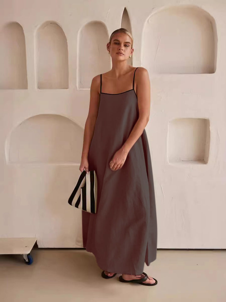 The Elara Contrast Trim Linen Maxi Dress