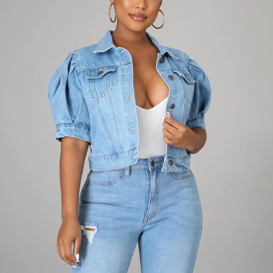 The Elara Puff-Sleeve Cropped Denim