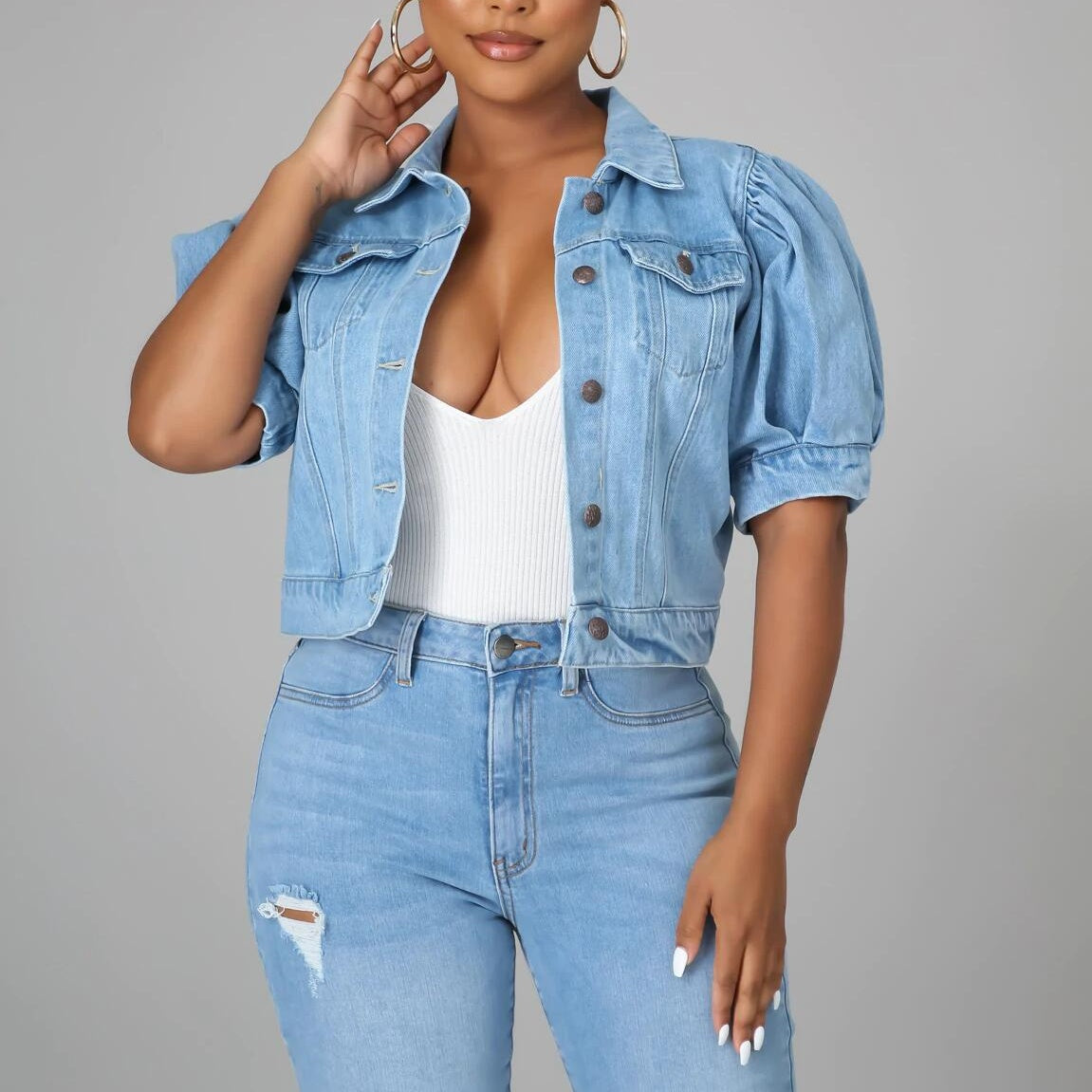 The Elara Puff-Sleeve Cropped Denim