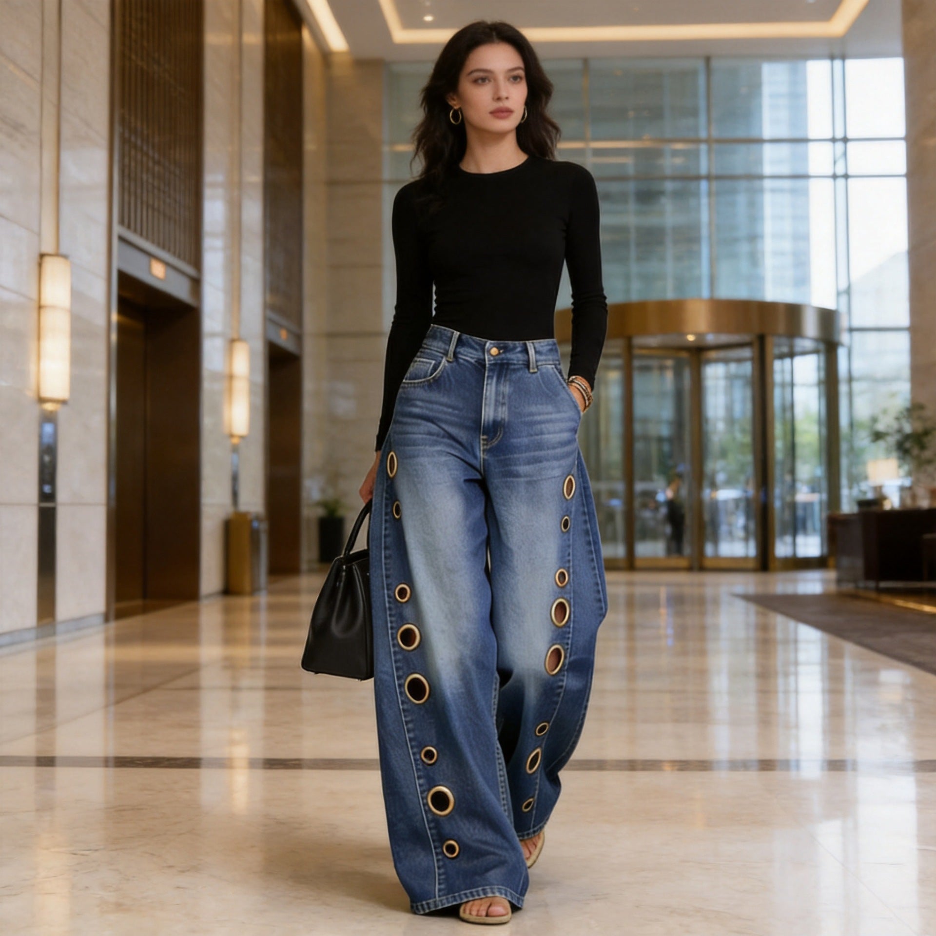 The Elara Metal Eyelet Wide-Leg Jeans