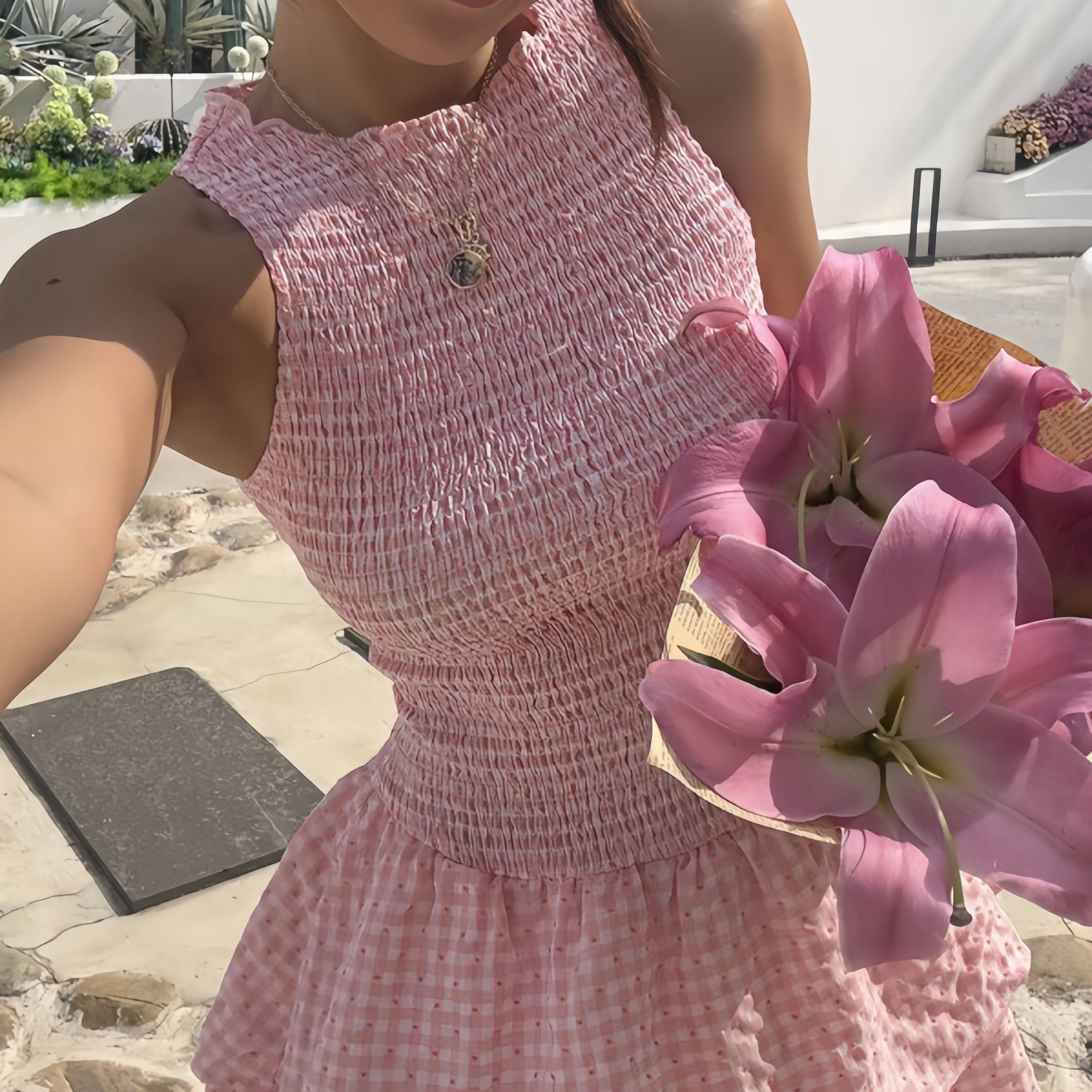 The Elara Riviera Gingham Smocked Mini
