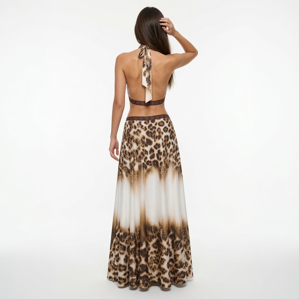 The Elara Leopard Halter Backless Maxi Dress