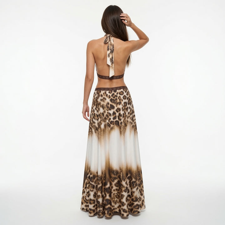 The Elara Leopard Halter Backless Maxi Dress