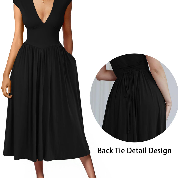 The Elara Padded-Shoulder Tie-Back Midi Dress