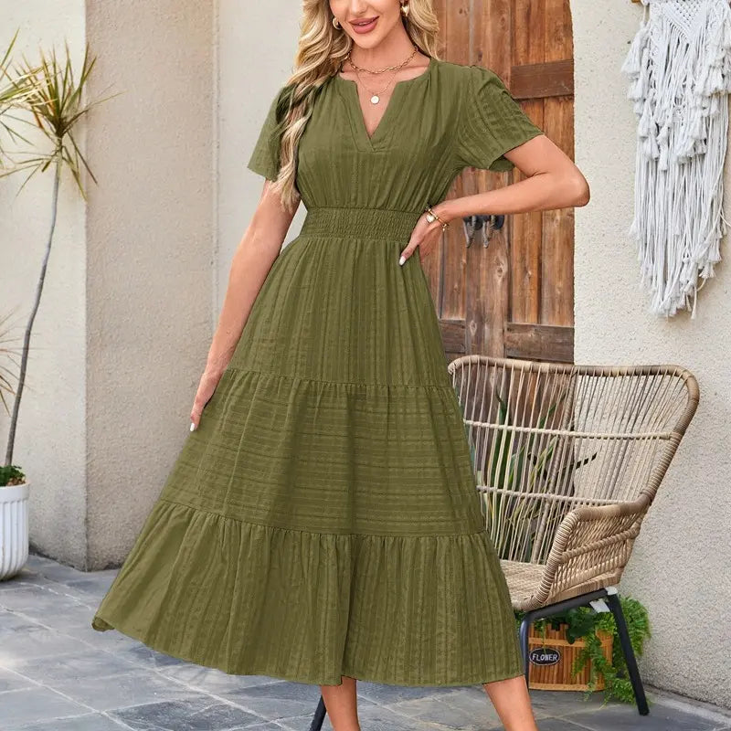 The Elara V-Neck Smocked Waist Tiered Maxi Dress
