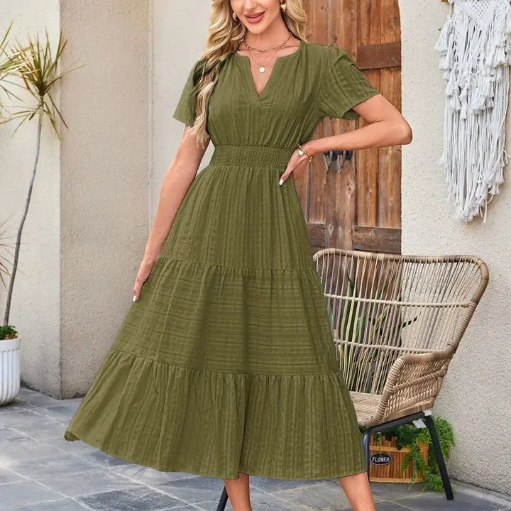 The Elara V-Neck Smocked Waist Tiered Maxi Dress