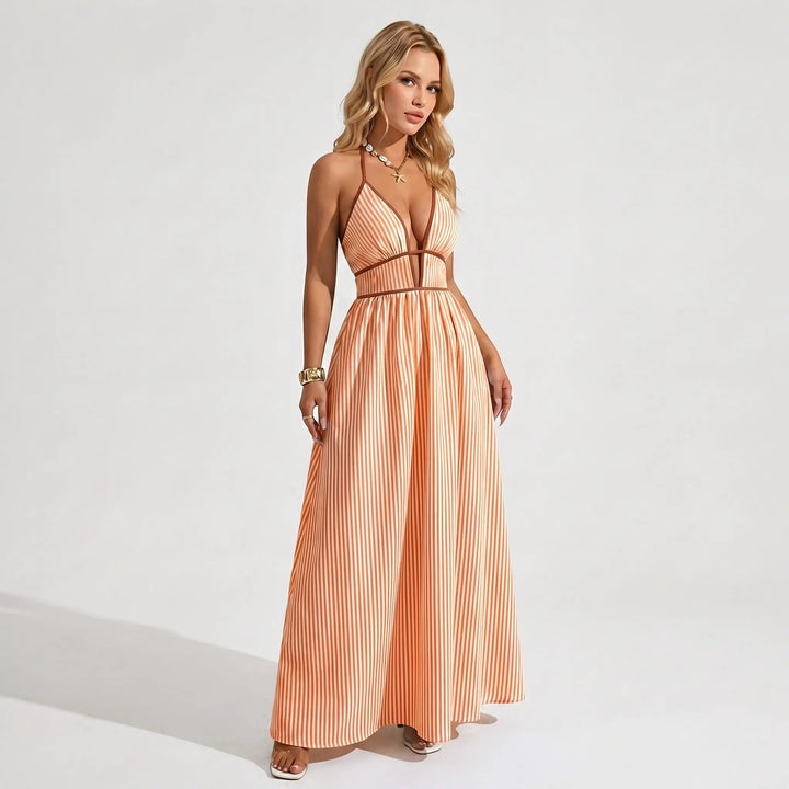 The Elara Pinstripe Deep V Halter Cutout Maxi Dress