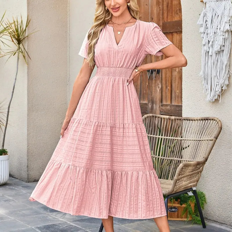 The Elara V-Neck Smocked Waist Tiered Maxi Dress