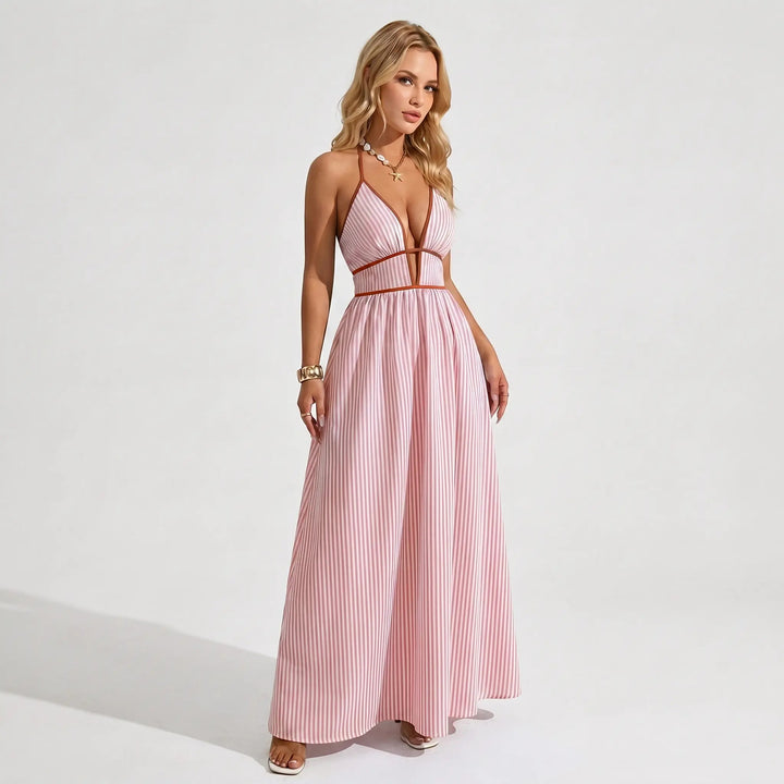 The Elara Pinstripe Deep V Halter Cutout Maxi Dress