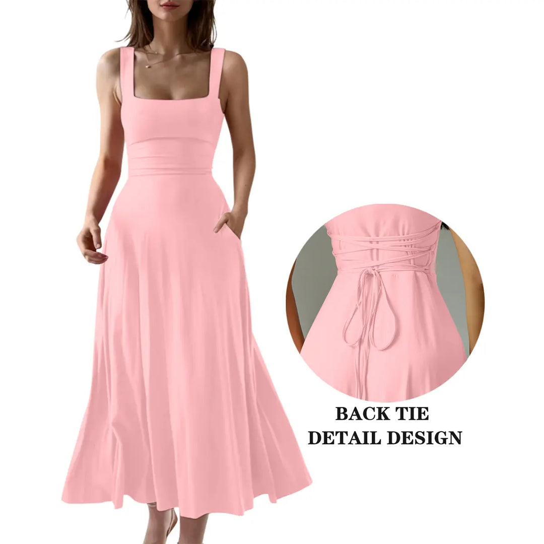 The Elara Square Neck Back Tie A-Line Midi Dress