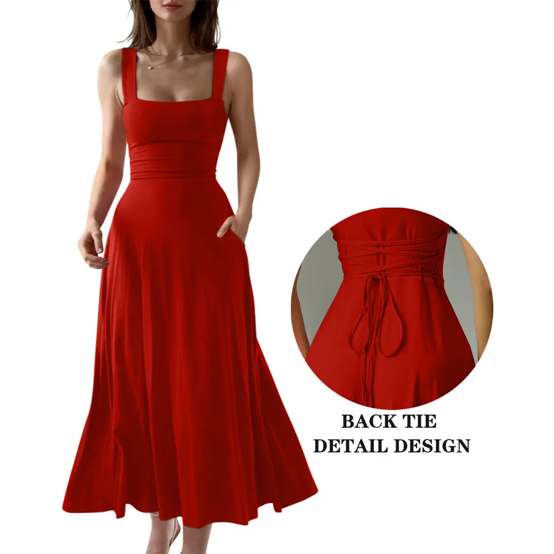 The Elara Square Neck Back Tie A-Line Midi Dress