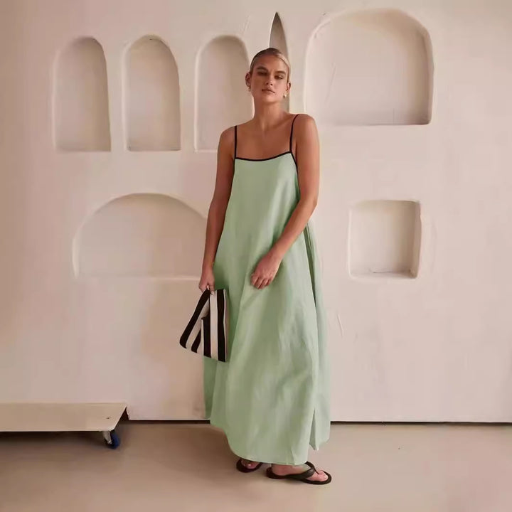 The Elara Contrast Trim Linen Maxi Dress