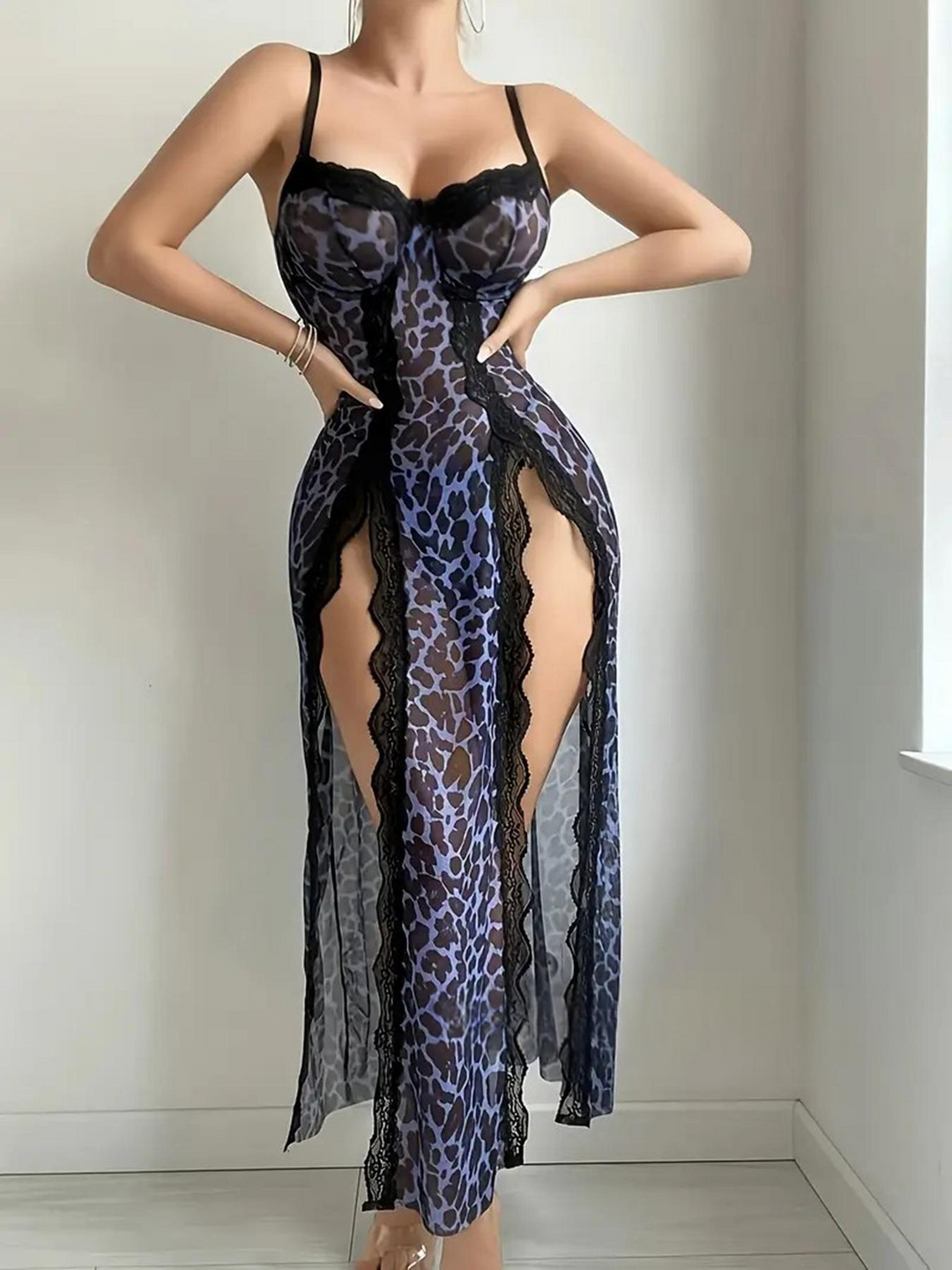 The Elara Sheer Lace Side Slit Deep V Maxi Nightgown