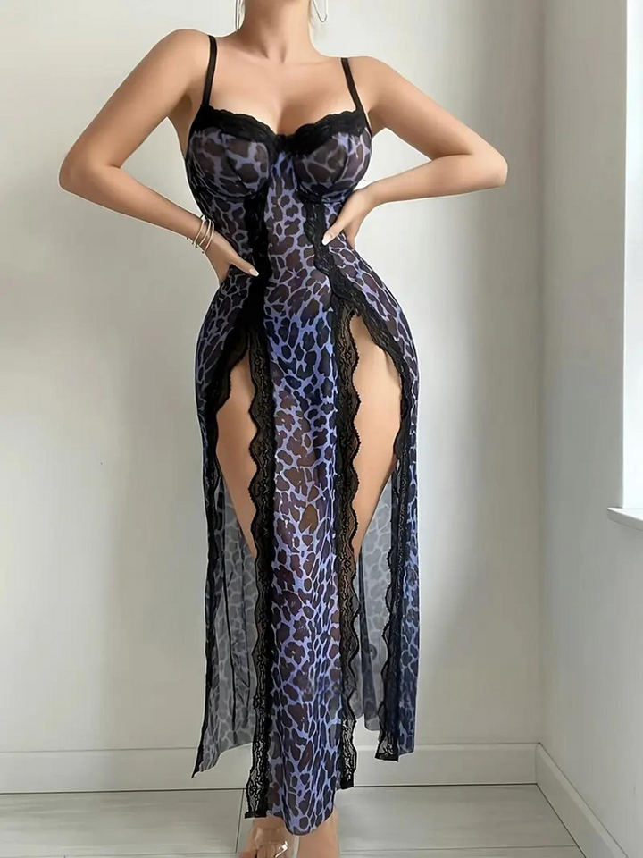 The Elara Sheer Lace Side Slit Deep V Maxi Nightgown