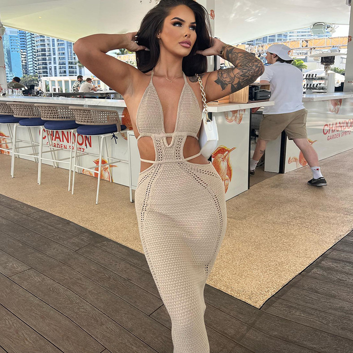 The Elara Halter Neck Cutout Knit Bodycon Dress