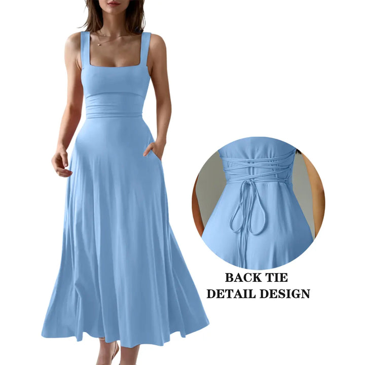The Elara Square Neck Back Tie A-Line Midi Dress