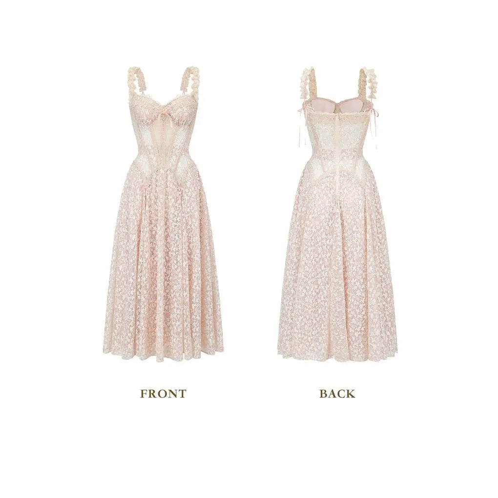 The Elara Gold-Threaded Lace Corset Midi