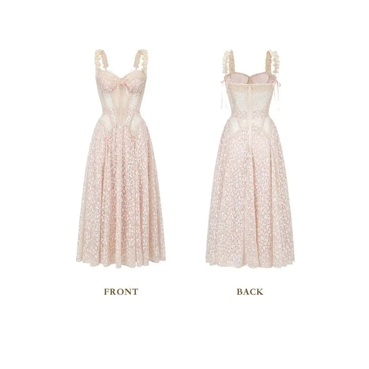 The Elara Gold-Threaded Lace Corset Midi