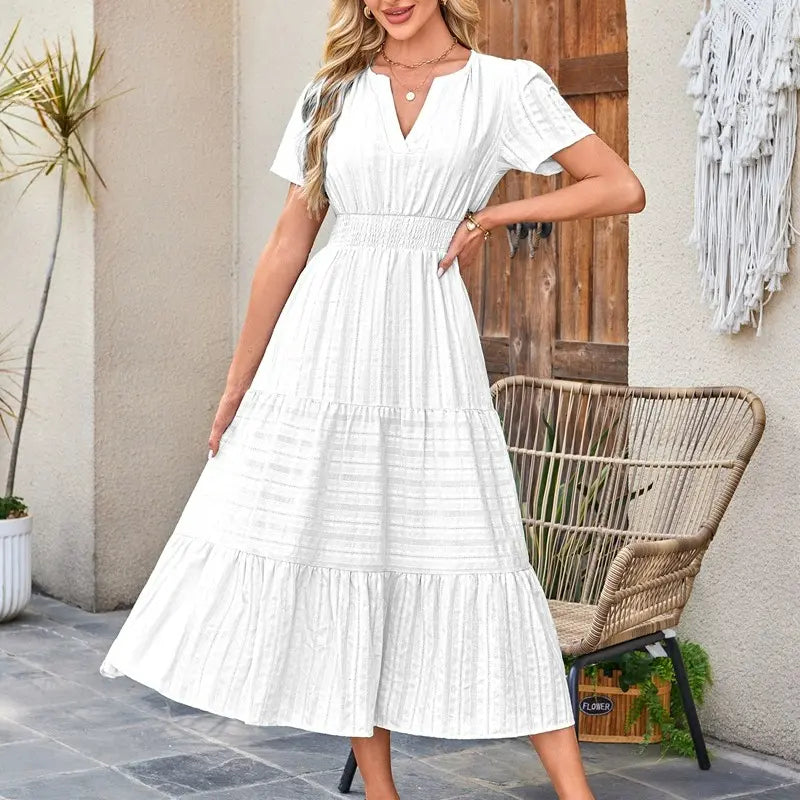 The Elara V-Neck Smocked Waist Tiered Maxi Dress
