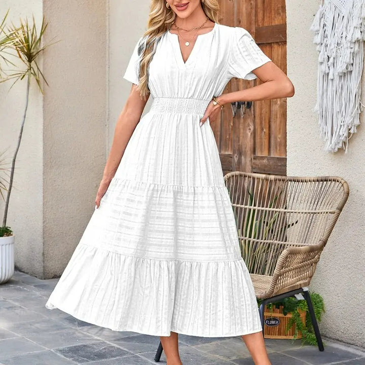 The Elara V-Neck Smocked Waist Tiered Maxi Dress