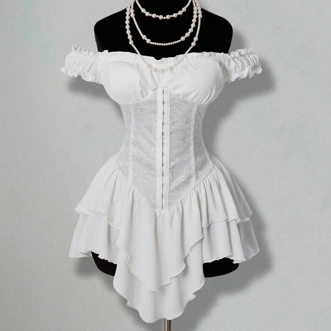 The Elara Off-Shoulder Corset Ruffle Mini Dress