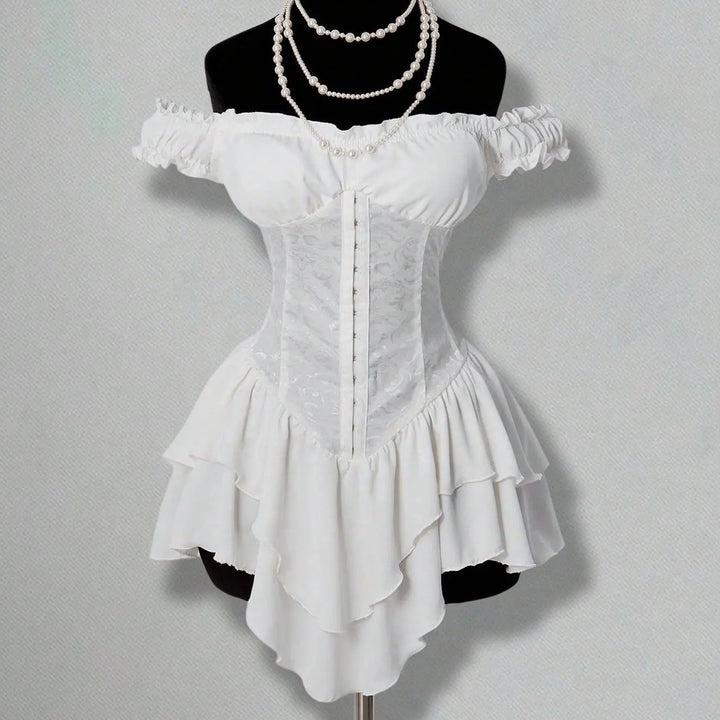 The Elara Off-Shoulder Corset Ruffle Mini Dress