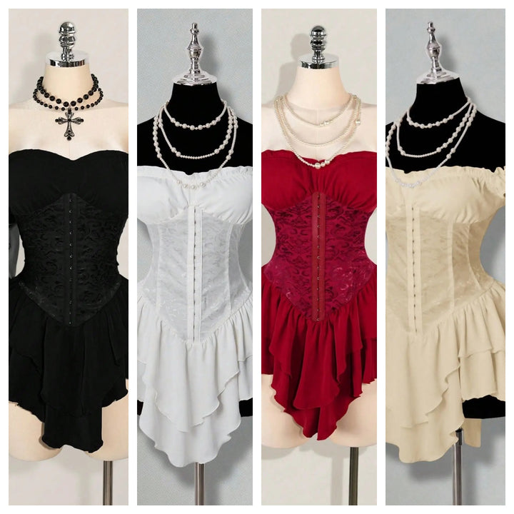 The Elara Off-Shoulder Corset Ruffle Mini Dress