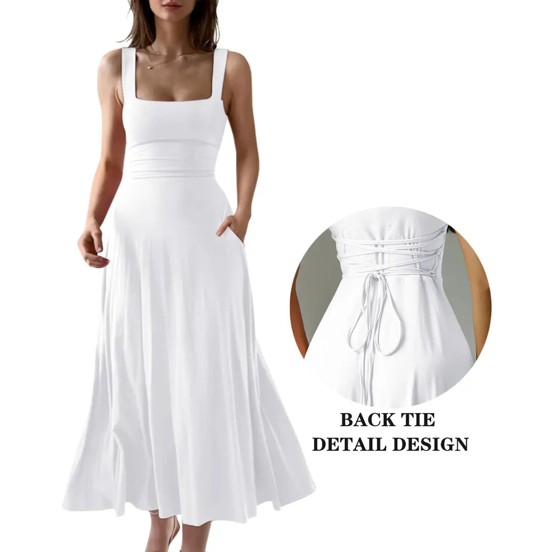 The Elara Square Neck Back Tie A-Line Midi Dress