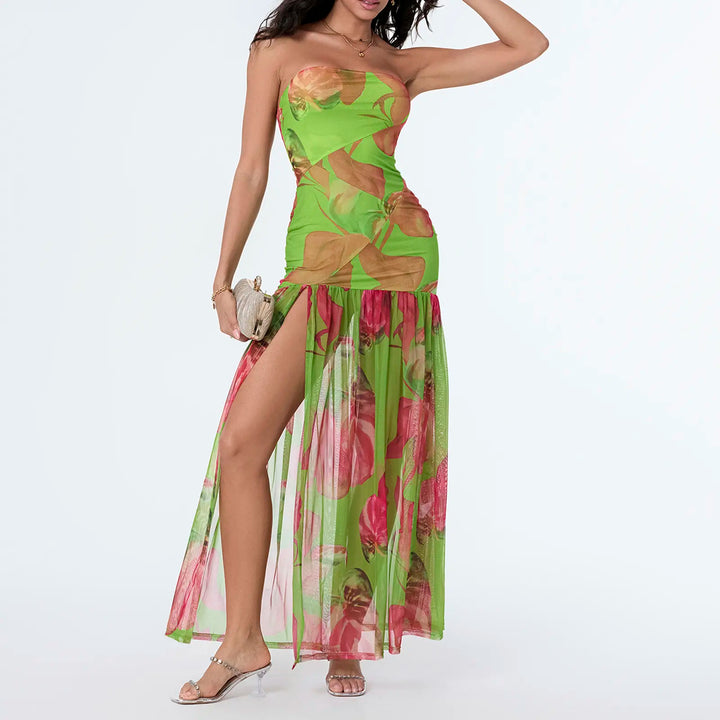 The Elara Leopard Print Mesh High Slit Tube Top Dress