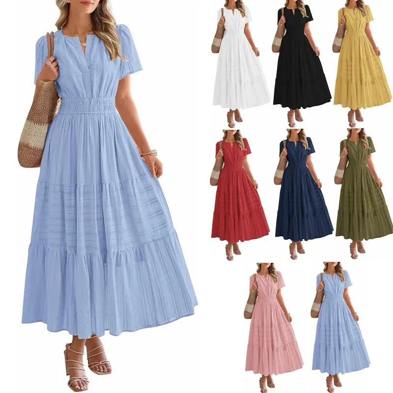 The Elara V-Neck Smocked Waist Tiered Maxi Dress