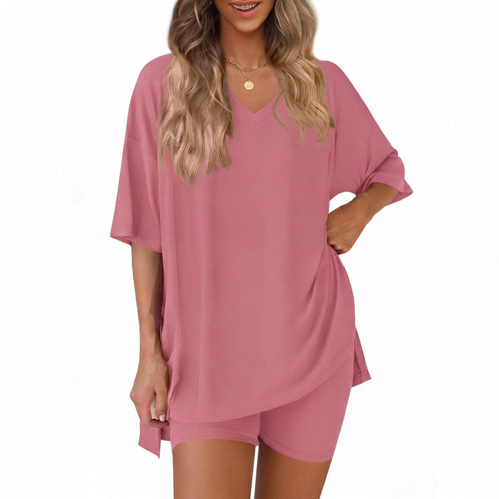 The Elara Plus Size V-Neck Tunic and Shorts Lounge Set