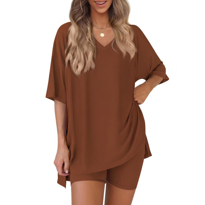 The Elara Plus Size V-Neck Tunic and Shorts Lounge Set