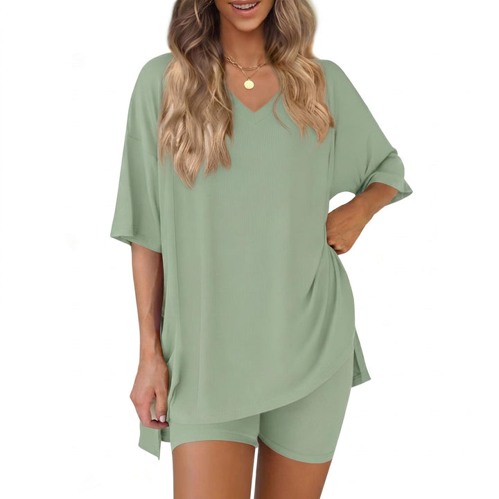 The Elara Plus Size V-Neck Tunic and Shorts Lounge Set