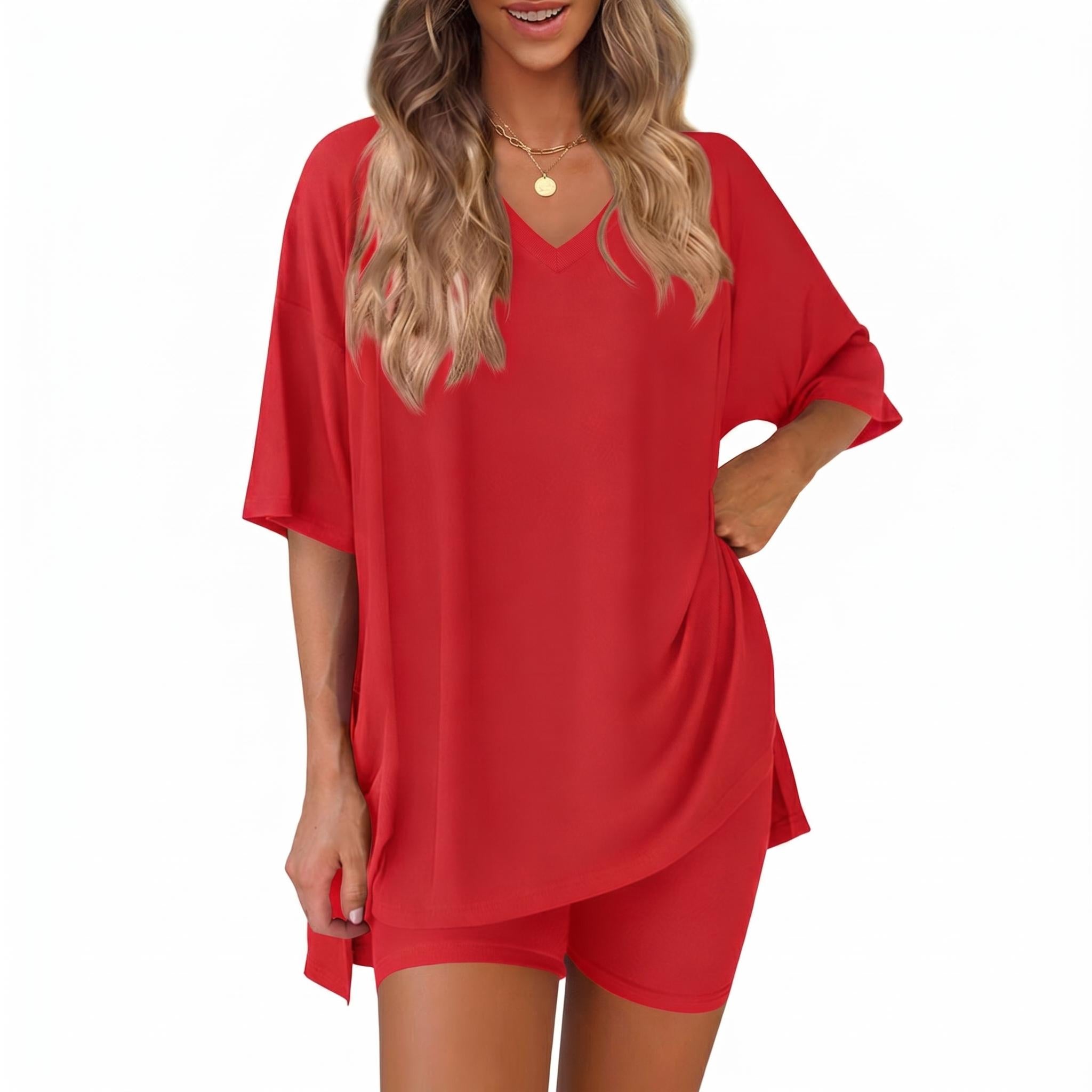 The Elara Plus Size V-Neck Tunic and Shorts Lounge Set