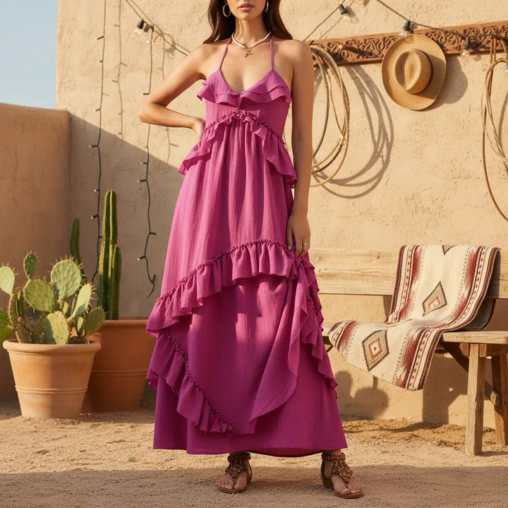 The Elara V Neck Backless Ruffle Layered Maxi Dress