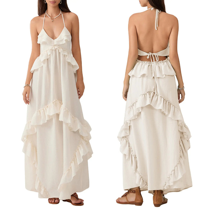 The Elara V Neck Backless Ruffle Layered Maxi Dress